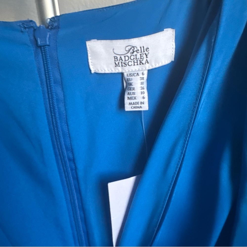 NWT Badgley Mischka Nora Satin V-Neck Long Bell Sleeve Twist Front Mini Dress - Picture 8 of 11